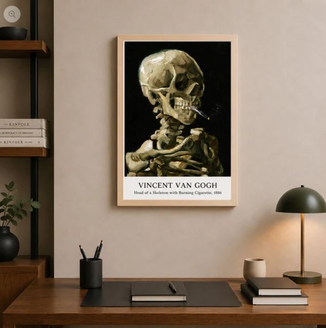 Van Gogh Kuru Kafa Tablosu – Skeleton with Burning Cigarette Çerçeveli Poster